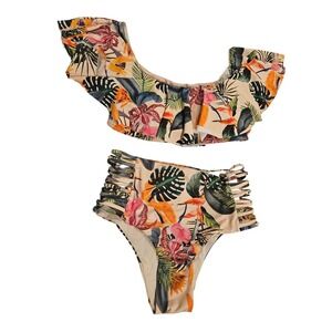 Envya Tropical Bikini Flounce Top High Waist Caged Side Floral Two-piece Small